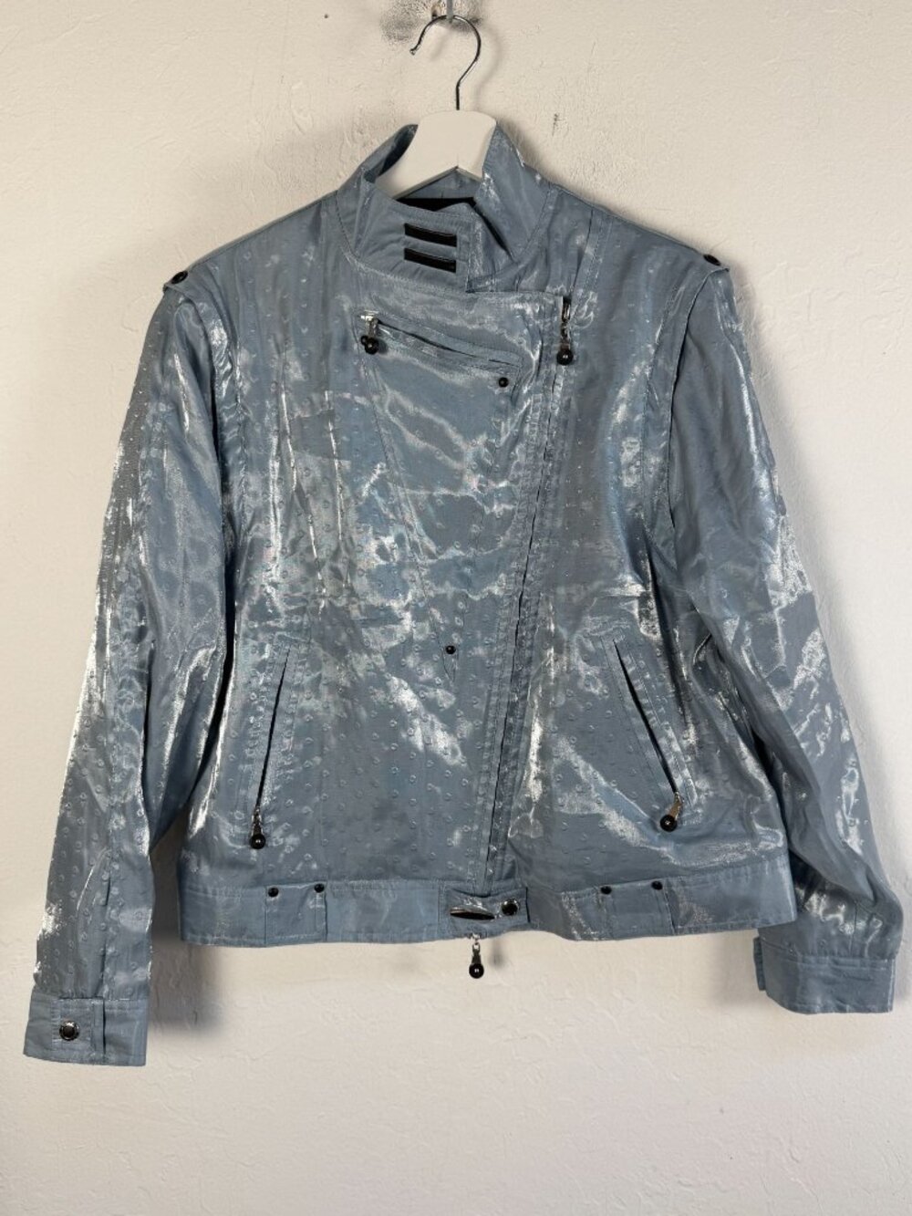 Jamie Sadock Women Metallic Silver Moto Jacket Medium Zip Up Multi Pocket Coated
